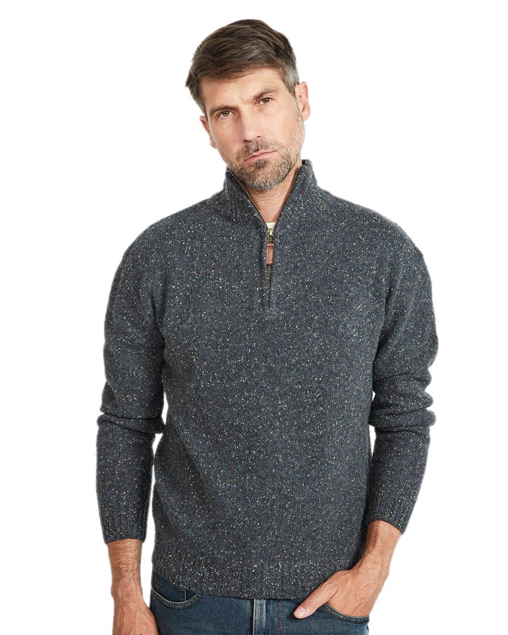 Black Coloured Aran Wool Zip Neck Sweater on white background