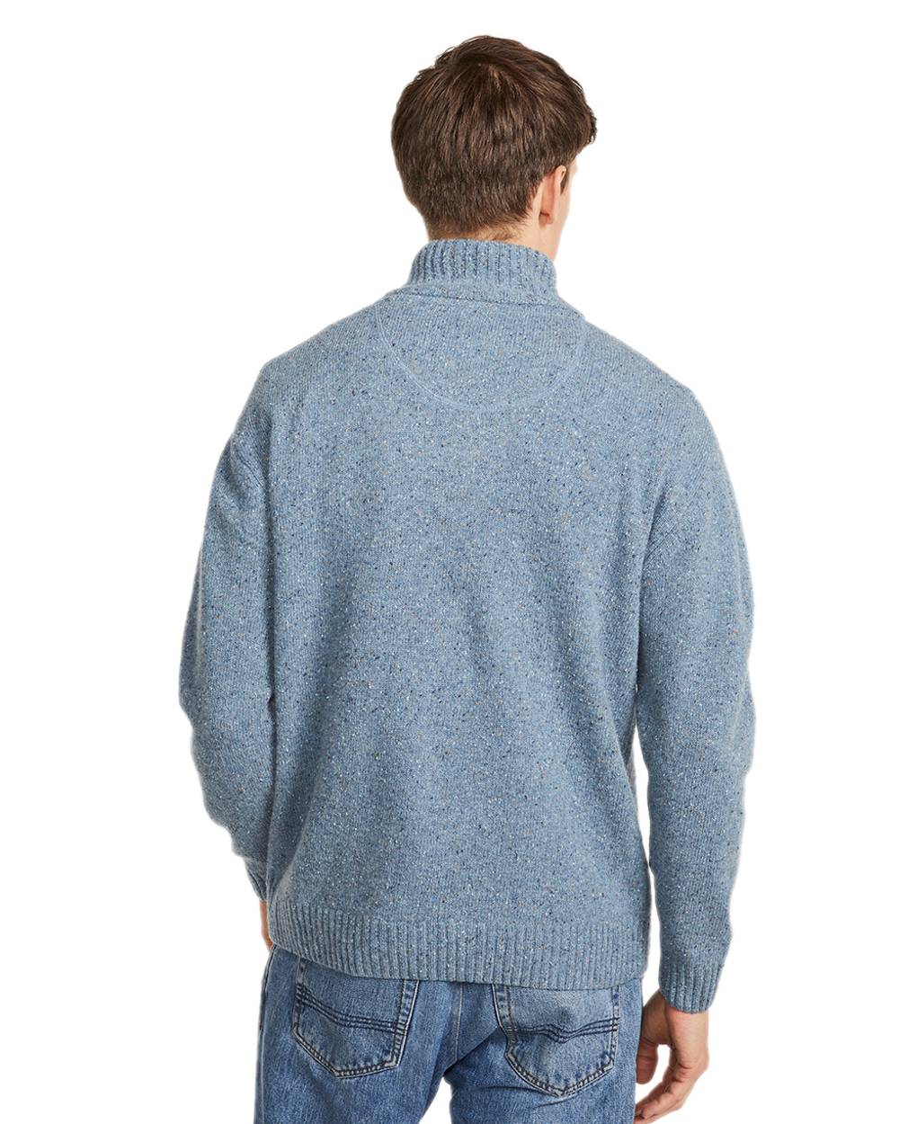 Blue Coloured Aran Wool Zip Neck Sweater on white background