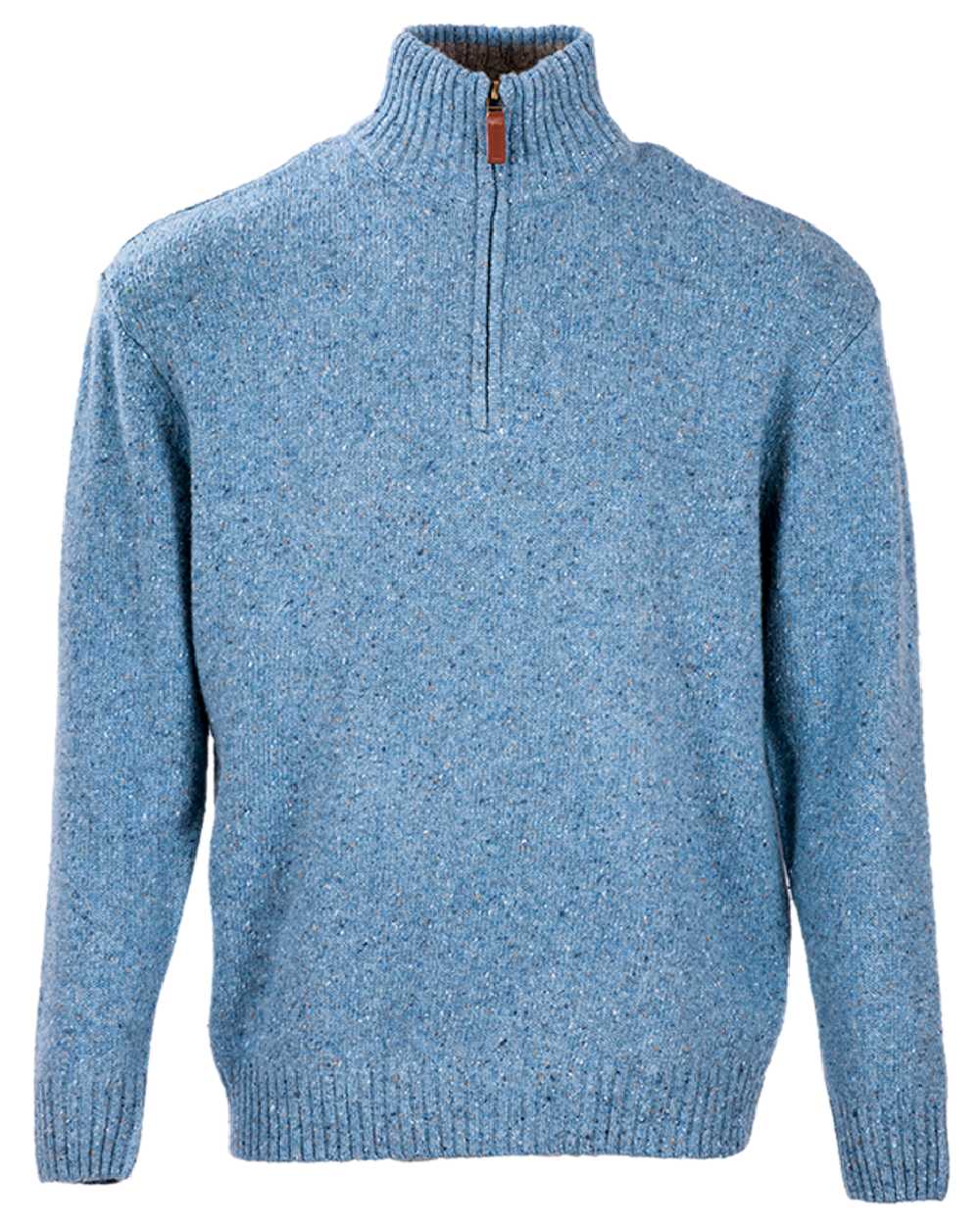 Blue Coloured Aran Wool Zip Neck Sweater on white background