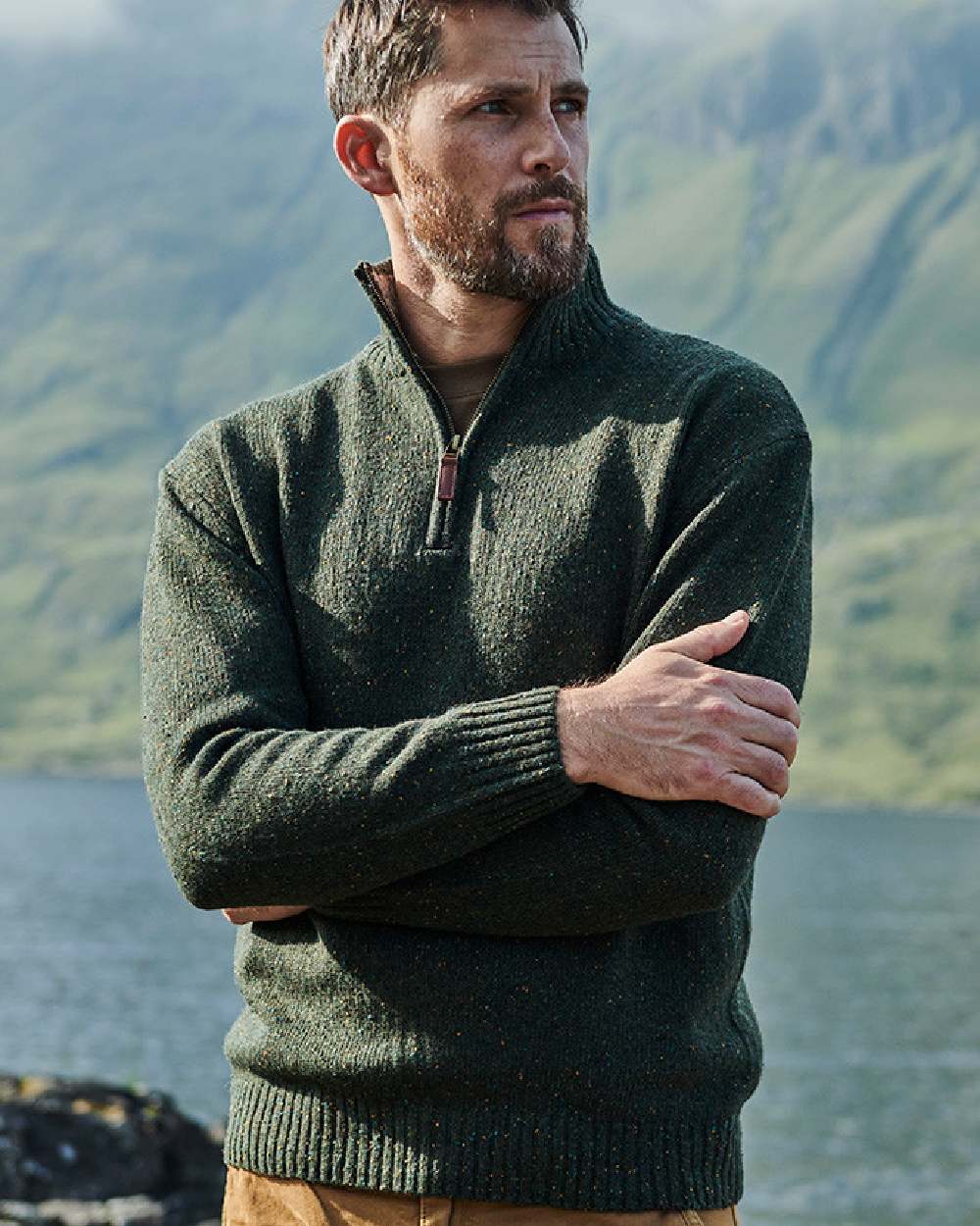 Green Coloured Aran Wool Zip Neck Sweater on mountain background