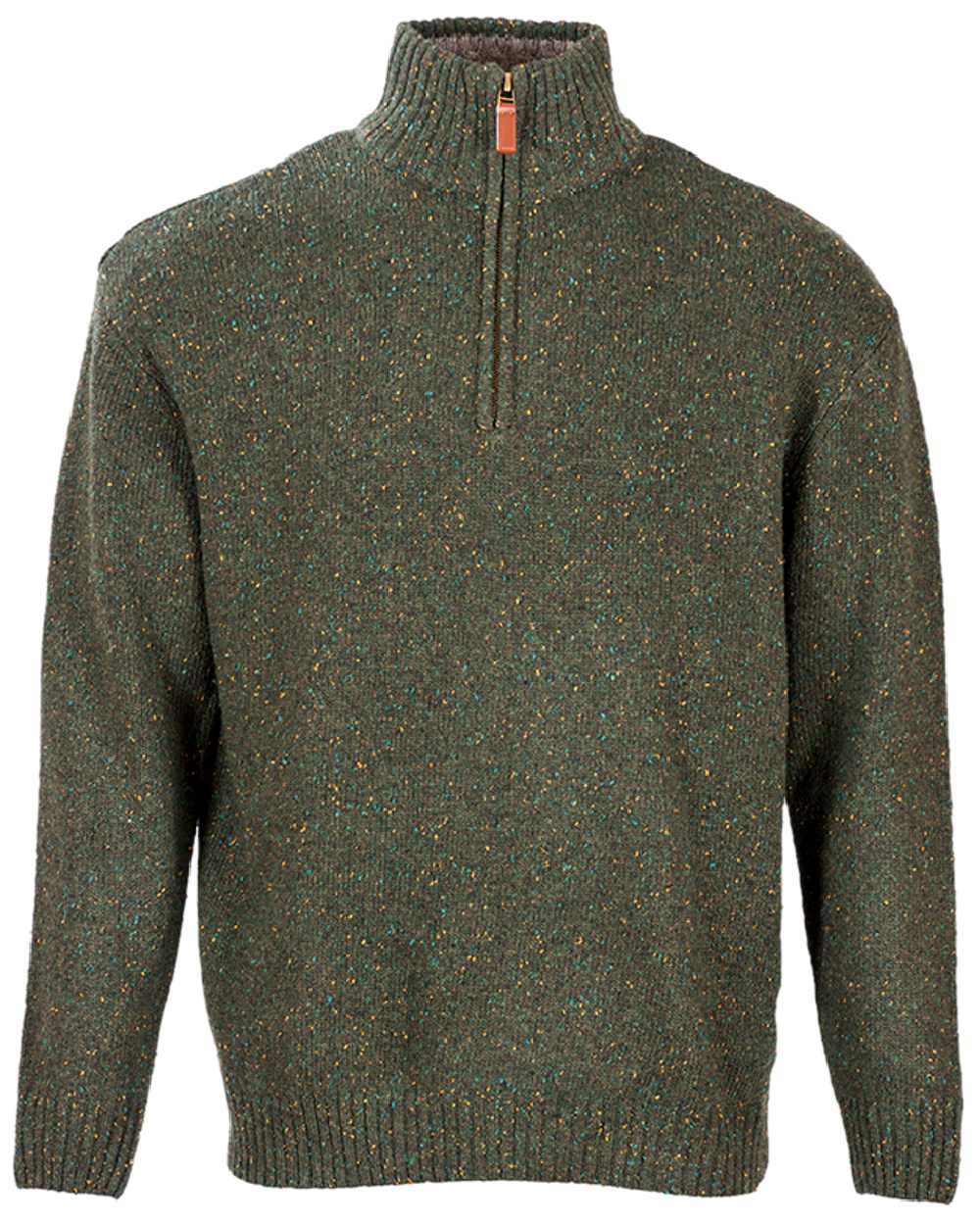 Green Coloured Aran Wool Zip Neck Sweater on white background