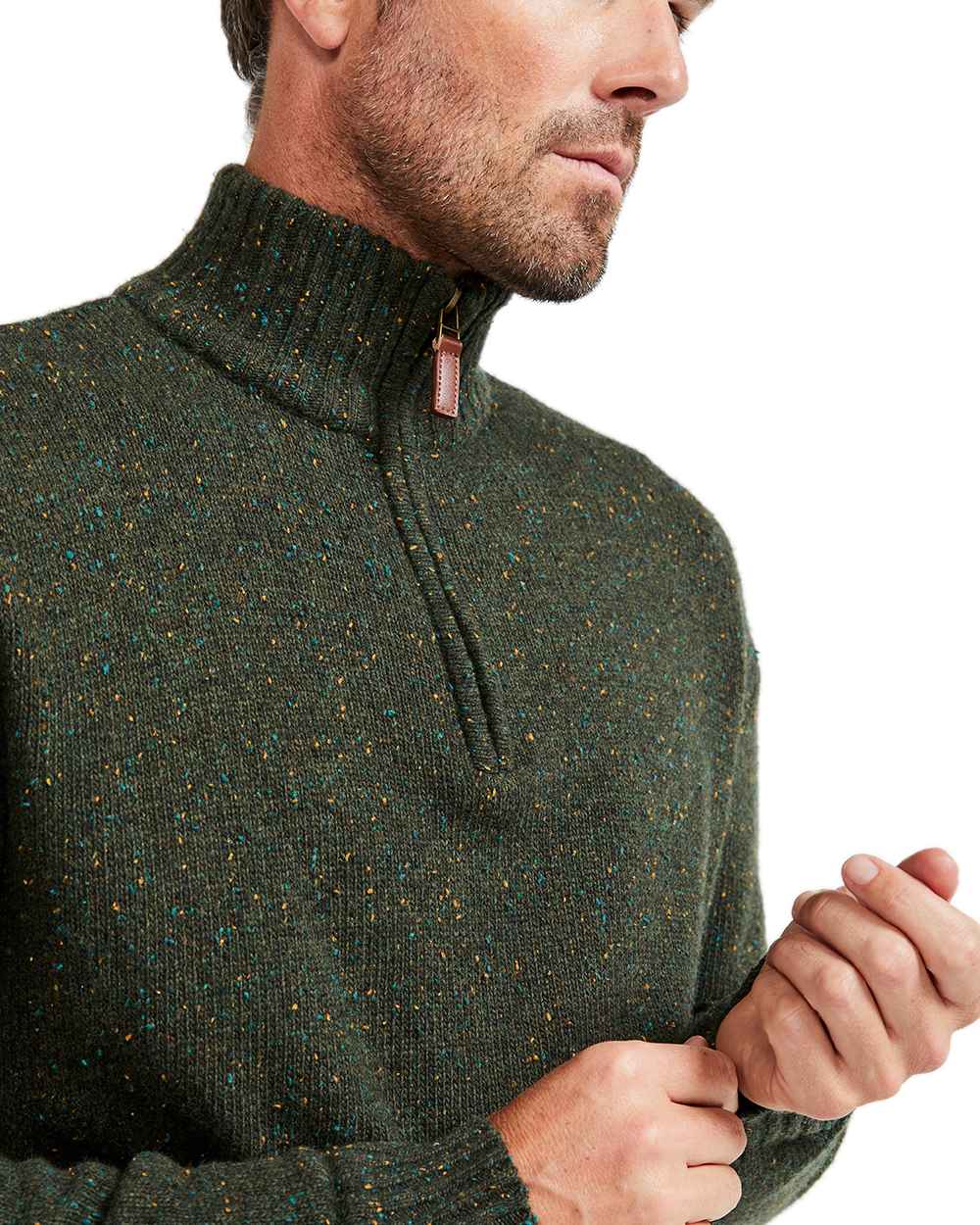 Green Coloured Aran Wool Zip Neck Sweater on white background