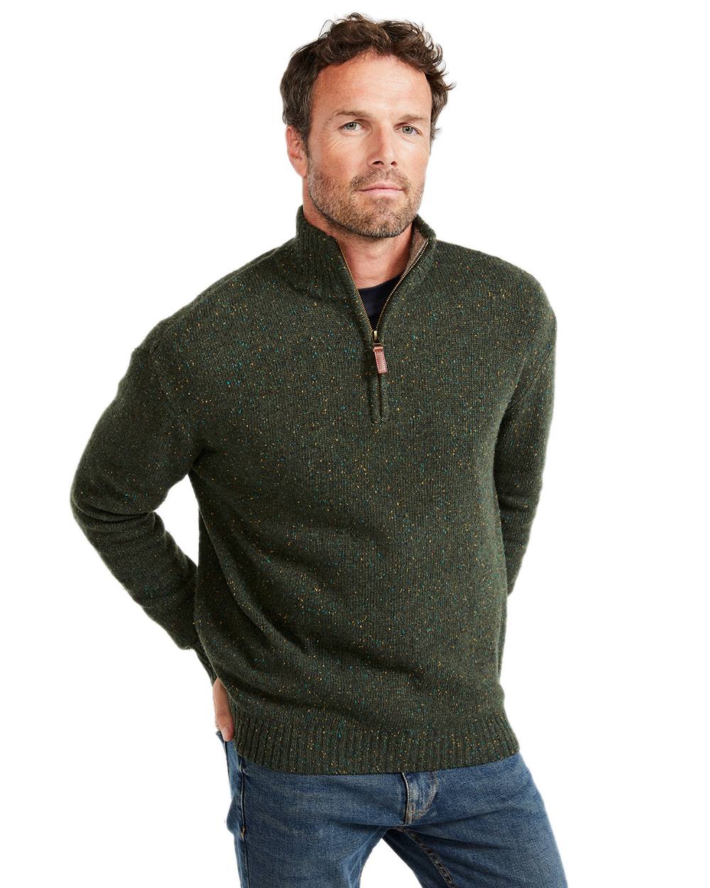 Green Coloured Aran Wool Zip Neck Sweater on white background