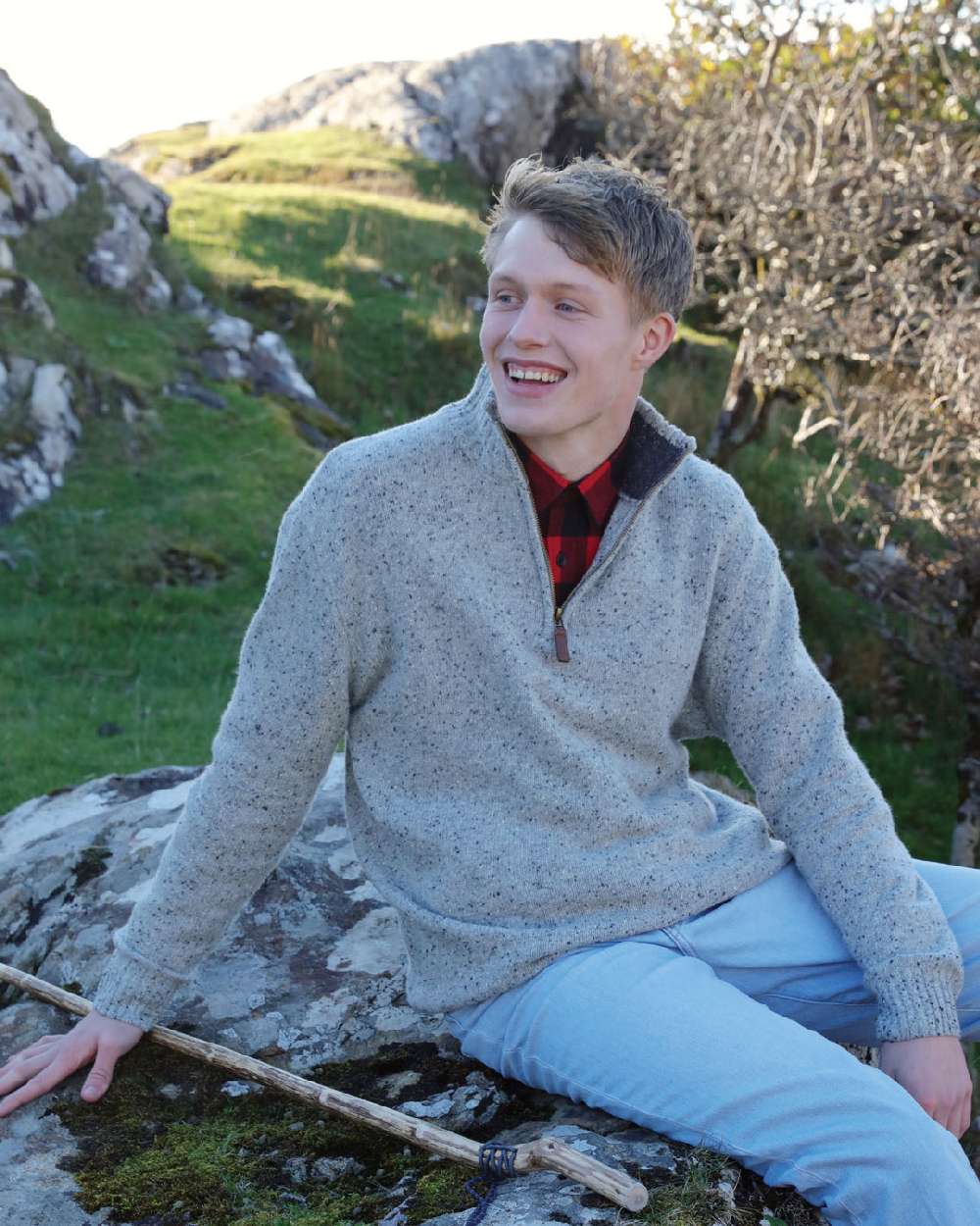 Grey Coloured Aran Wool Zip Neck Sweater on mountain background