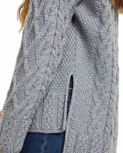 Grey coloured Aran Vented Box Sweater worn on model on white background 