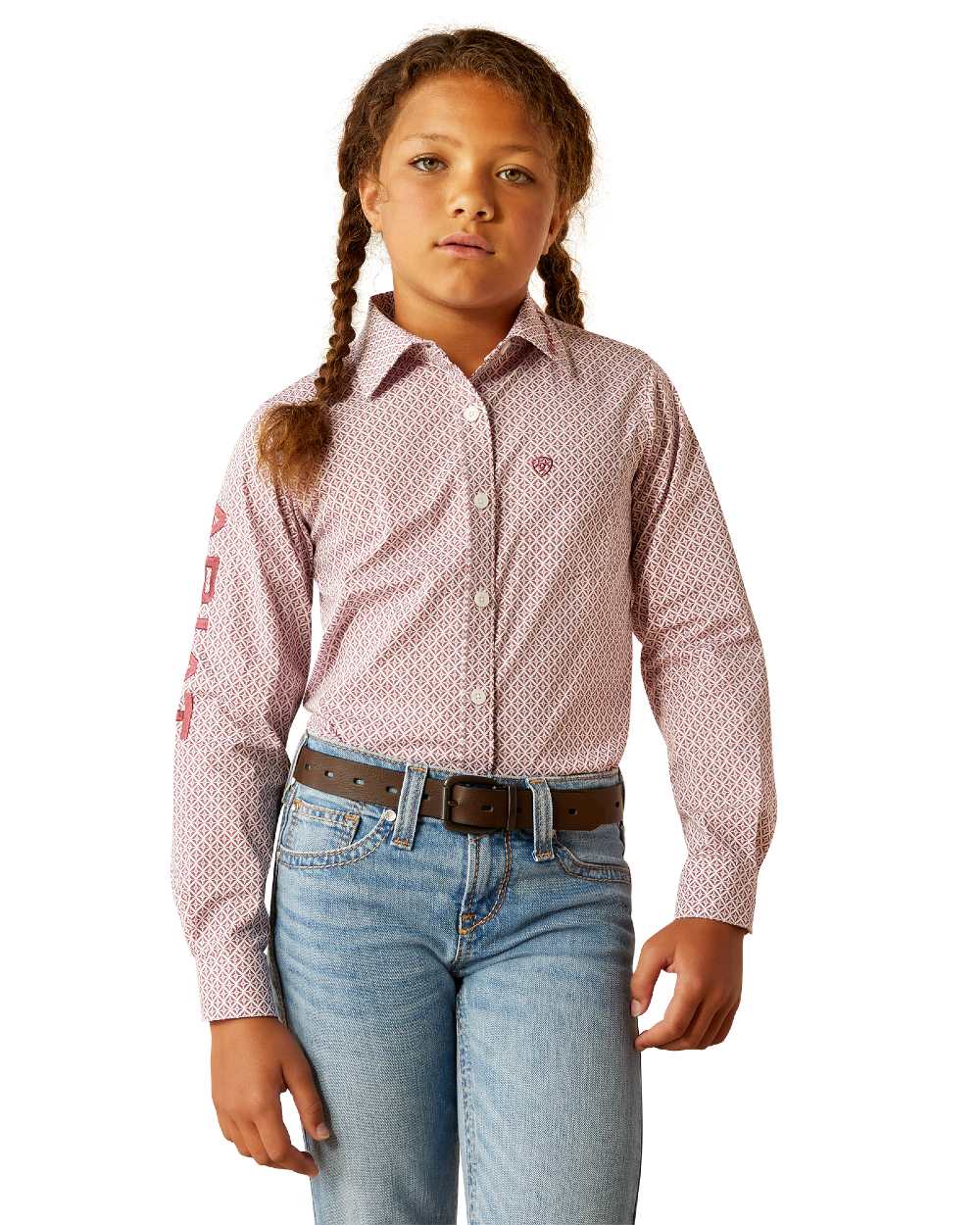 Finleigh Geo Print Coloured Ariat Childrens Team Kirby Western Shirt on white background