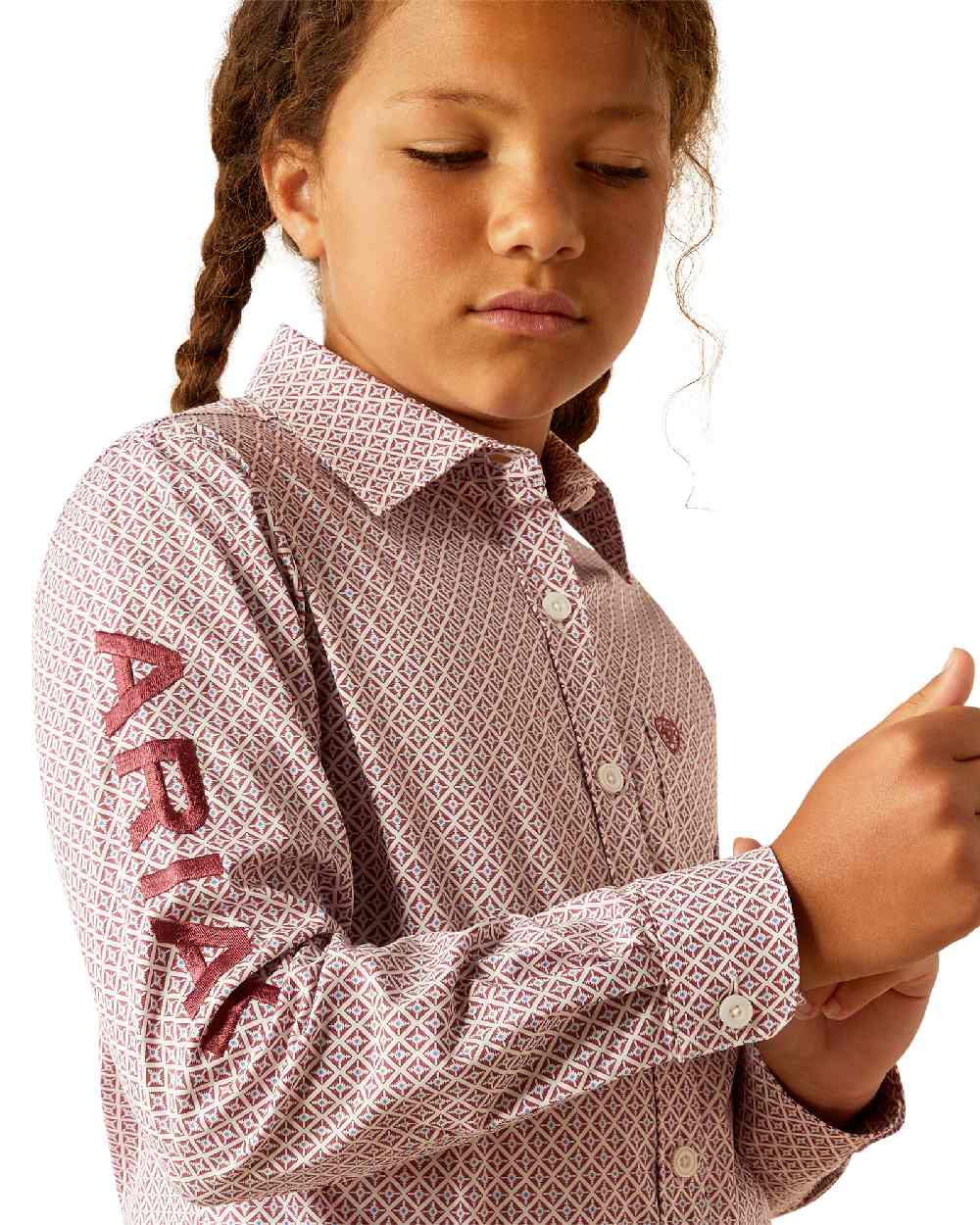 Finleigh Geo Print Coloured Ariat Children Team Kirby Western Shirt on white background