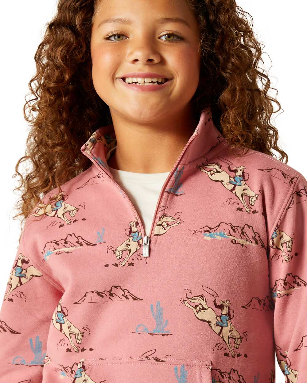 Bronc Toile Coloured Ariat Childrens Bronc Scene Quarter Zip Sweatshirt on white background