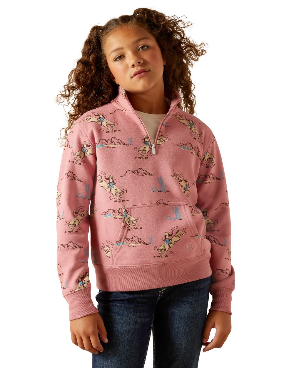Bronc Toile Coloured Ariat Childrens Bronc Scene Quarter Zip Sweatshirt on white background