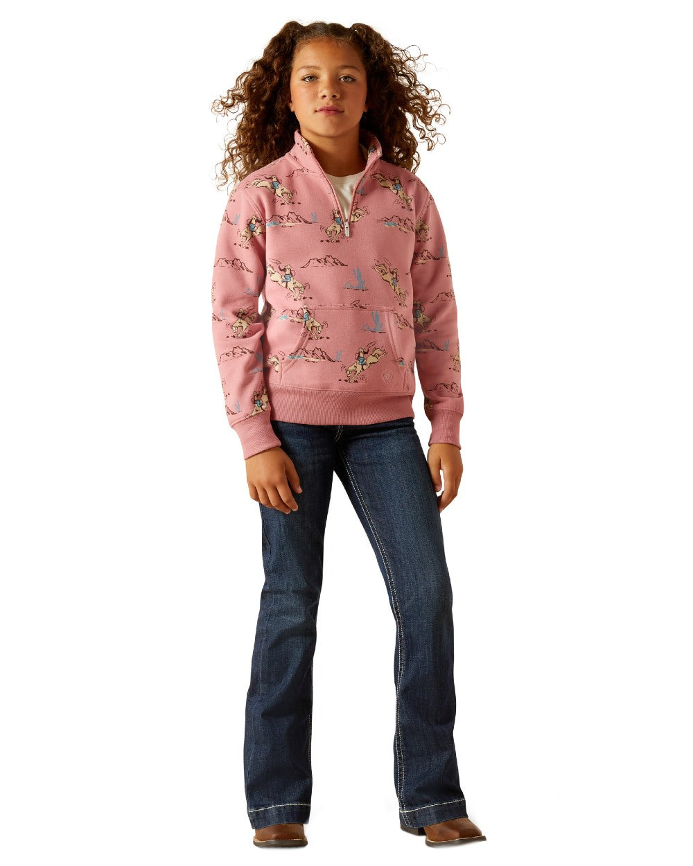 Bronc Toile Coloured Ariat Childrens Bronc Scene Quarter Zip Sweatshirt on white background