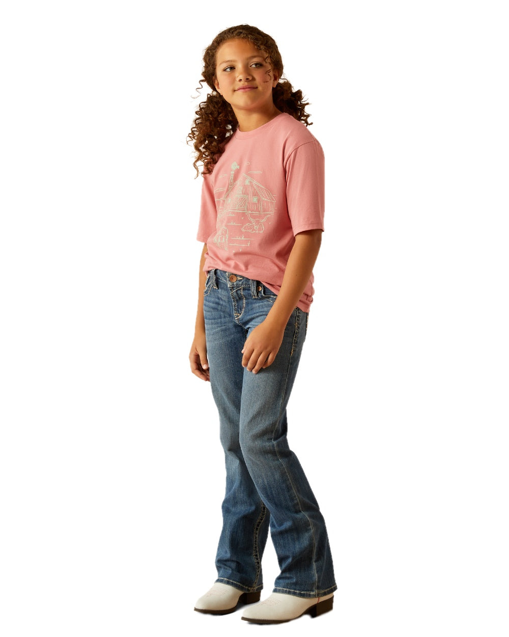 Dusty Rose coloured Ariat Childrens Farm Scene Short Sleeve T-Shirt on white background