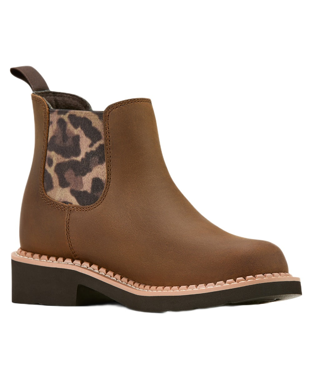 Distressed Brown coloured Ariat Childrens Fatbaby Chelsea Western Boots on white background