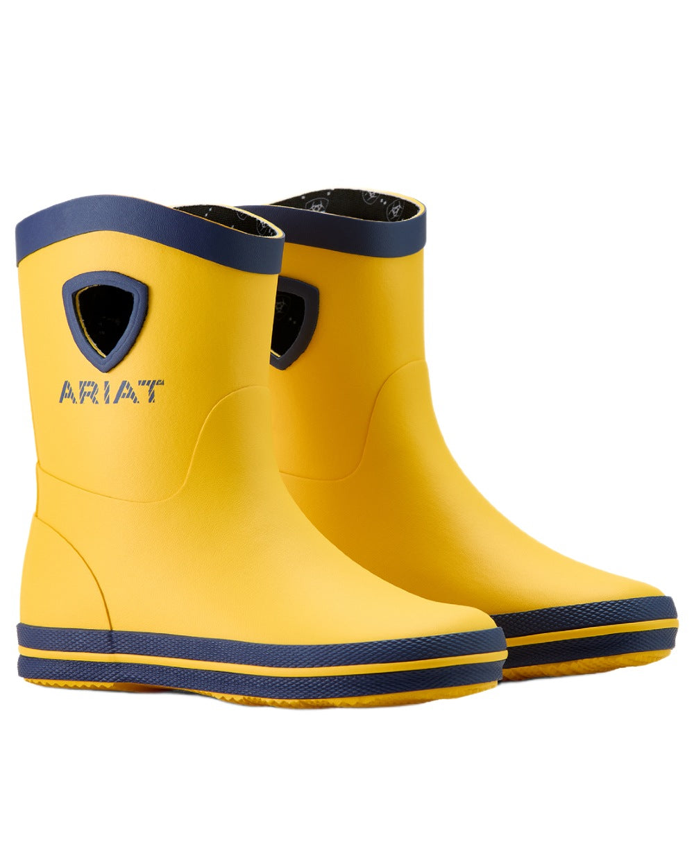 Yellow coloured Ariat Childrens Kelmarsh Rubber Boots on white background