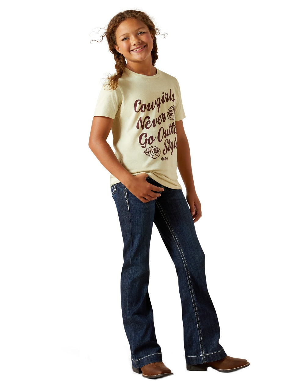 Wheat Coloured Ariat Childrens Never Outta Style T-Shirt on white background