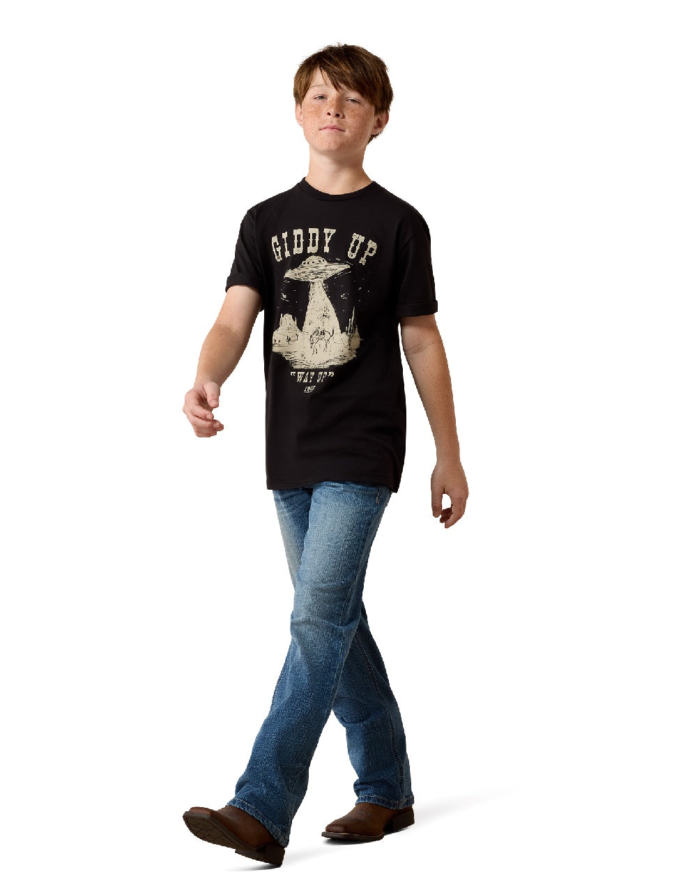 Black coloured Ariat Cowboy Way Up T-Shirt on white background