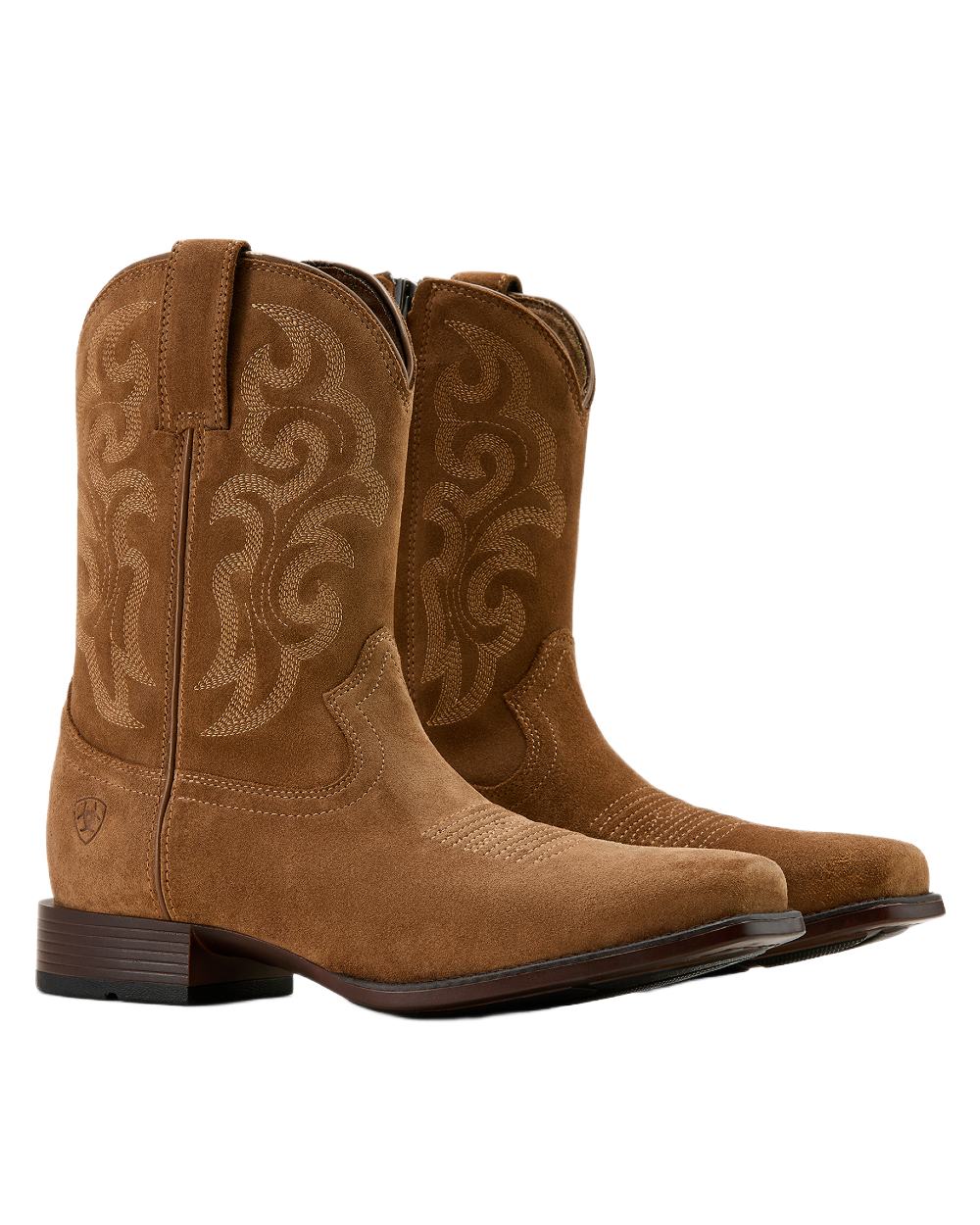 Chestnut Suede coloured Ariat Mens Bodie Square Toe Western Boots on white background