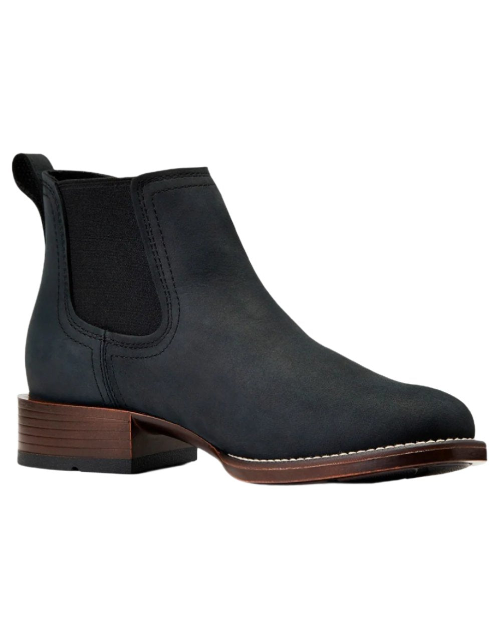 Den Black Coloured Ariat Mens Booker Ultra Round Toe Western Boot on wall background