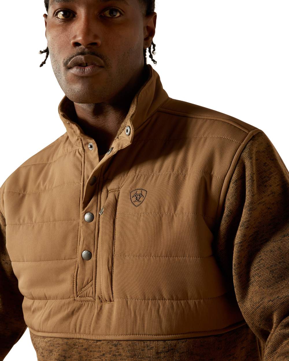 Khaki Coloured Ariat Mens Caldwell Reinforced Snap Sweater on white background