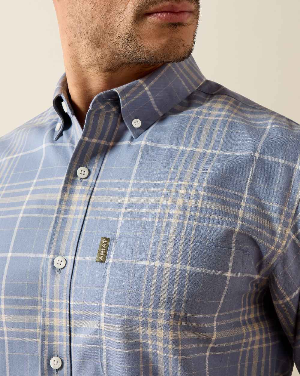 Soft Blue Plaid coloured Ariat Mens Clement Long Sleeve Shirt on white background