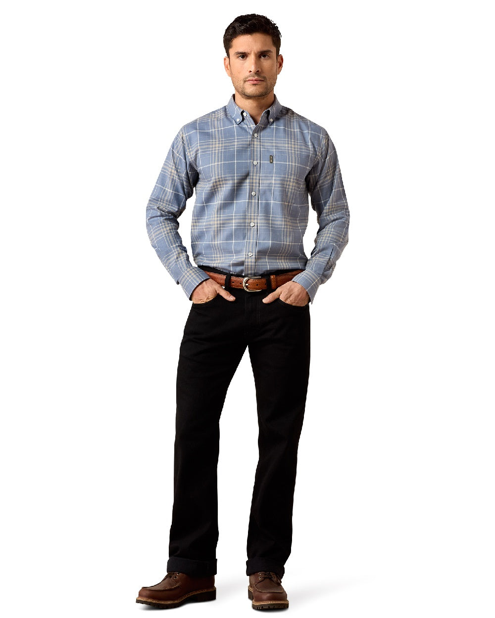 Soft Blue Plaid coloured Ariat Mens Clement Long Sleeve Shirt on white background