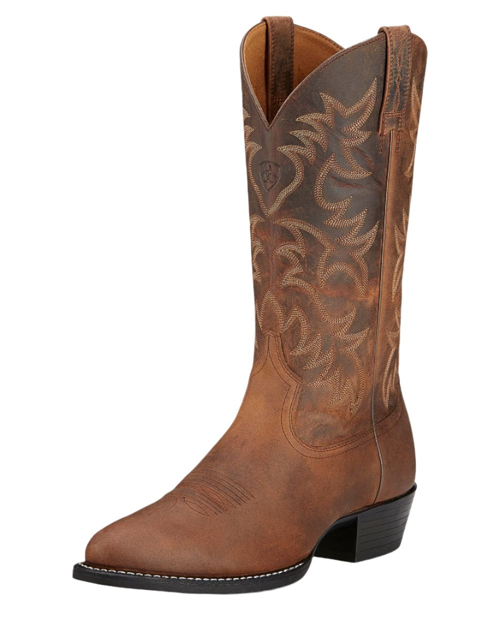 Distressed Brown Coloured Ariat Mens Heritage R Toe Western Boot on white background
