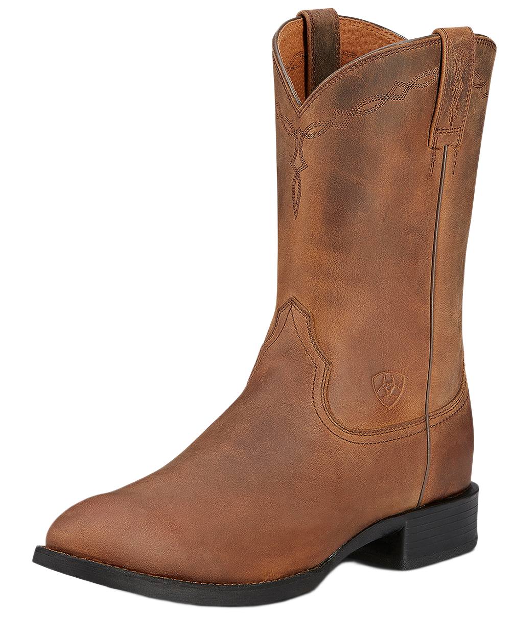 Distressed Brown coloured Ariat Mens Heritage Roper Cowboy Boots on white background