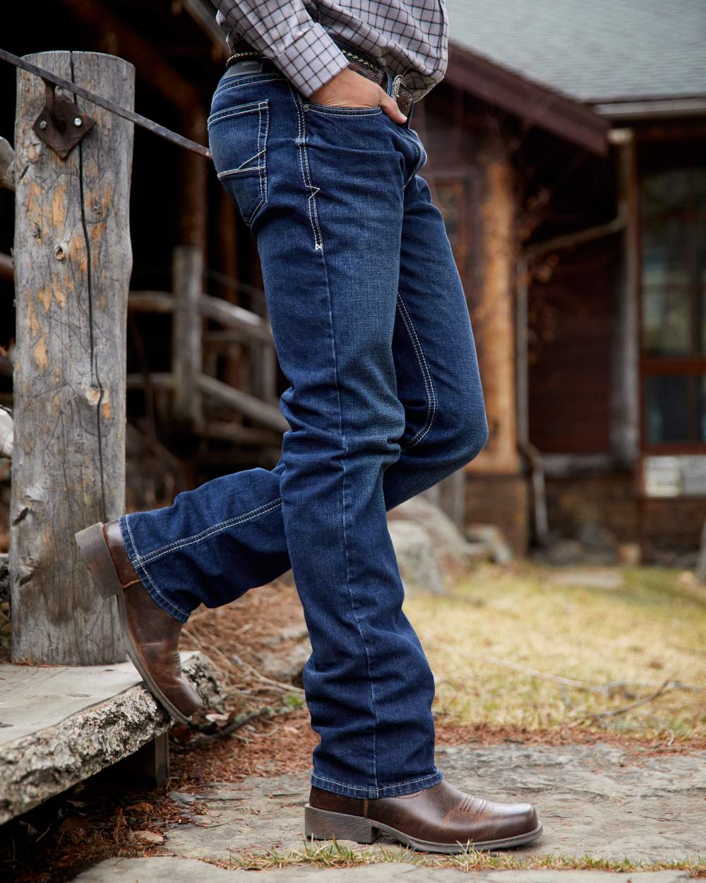 Wicker Coloured Ariat Mens Rambler Western Boots on wood house background
