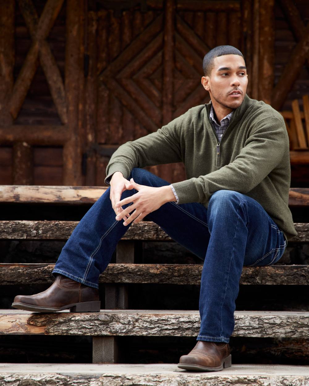 Wicker Coloured Ariat Mens Rambler Western Boots on wood house background