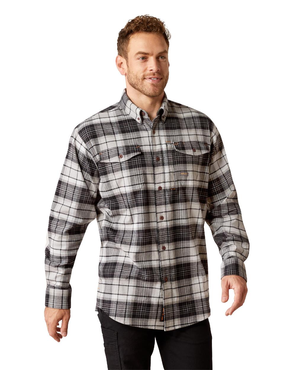 Charcoal Grey coloured Ariat Mens Rebar Flannel Durastretch Long Sleeves Work Shirt on white background