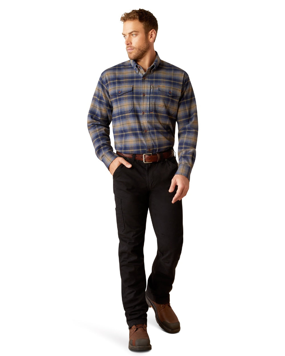 Navy Khaki coloured Ariat Mens Rebar Flannel Durastretch Long Sleeves Work Shirt on white background
