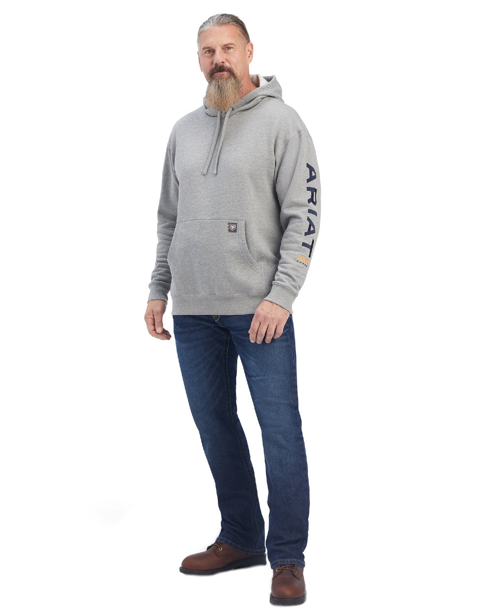Heather Grey Deep Ultramarine Coloured Ariat Mens Rebar Graphic Hoodie on white background