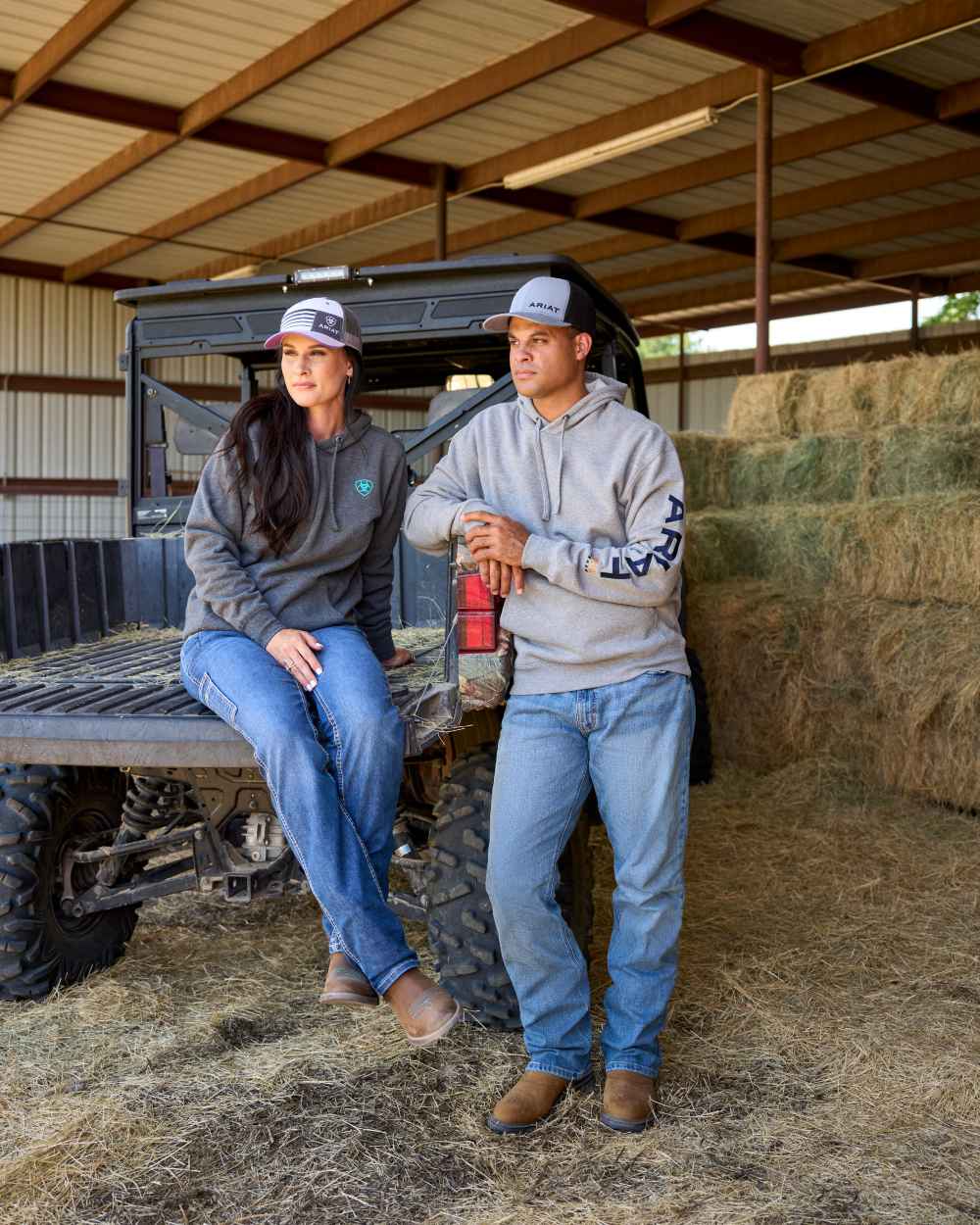 Heather Grey Deep Ultramarine Coloured Ariat Mens Rebar Graphic Hoodie on outdoor background