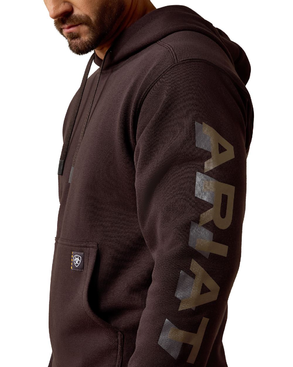 Licorice Canteen coloured Ariat Mens Rebar Lightweight Logo Hoodie on white background