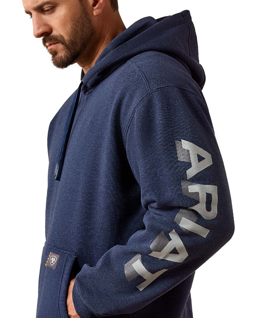 Navy Heather Alloy coloured Ariat Mens Rebar Lightweight Logo Hoodie on white background