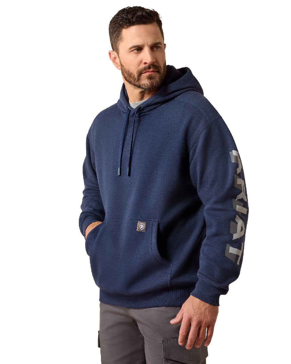 Navy Heather Alloy coloured Ariat Mens Rebar Lightweight Logo Hoodie on white background