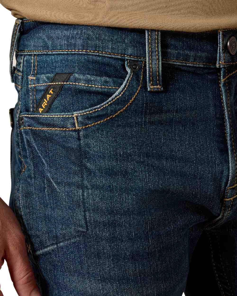 Bodie coloured Ariat Mens Rebar M7 Slim DuraStretch Edge Stackable Straight Jeans on white background