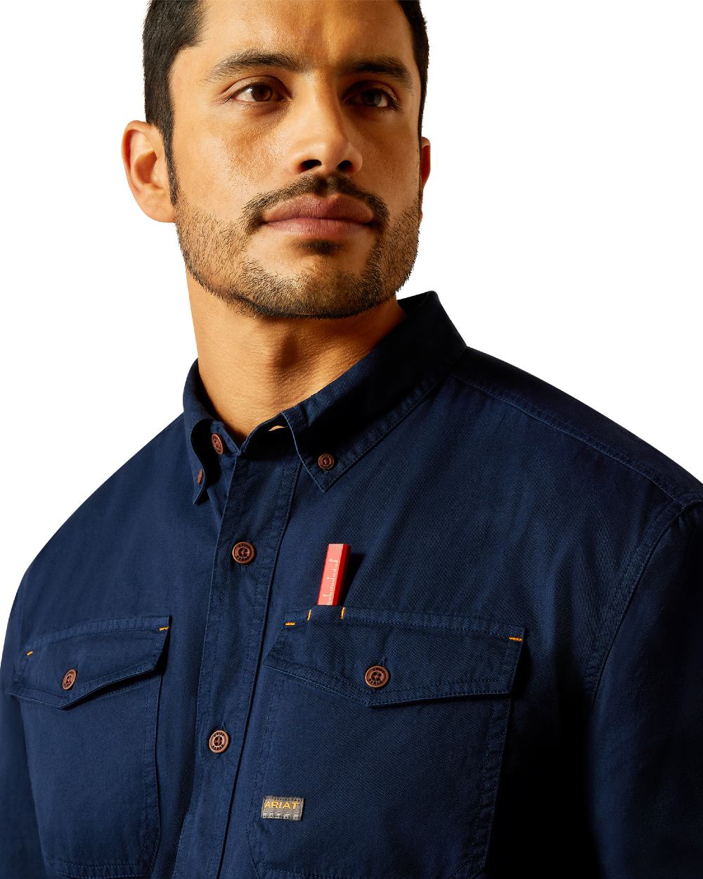 Navy Coloured Ariat Mens Rebar Washed Twill Work Shirt on white background