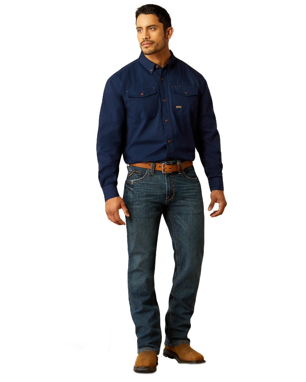 Navy Coloured Ariat Mens Rebar Washed Twill Work Shirt on white background