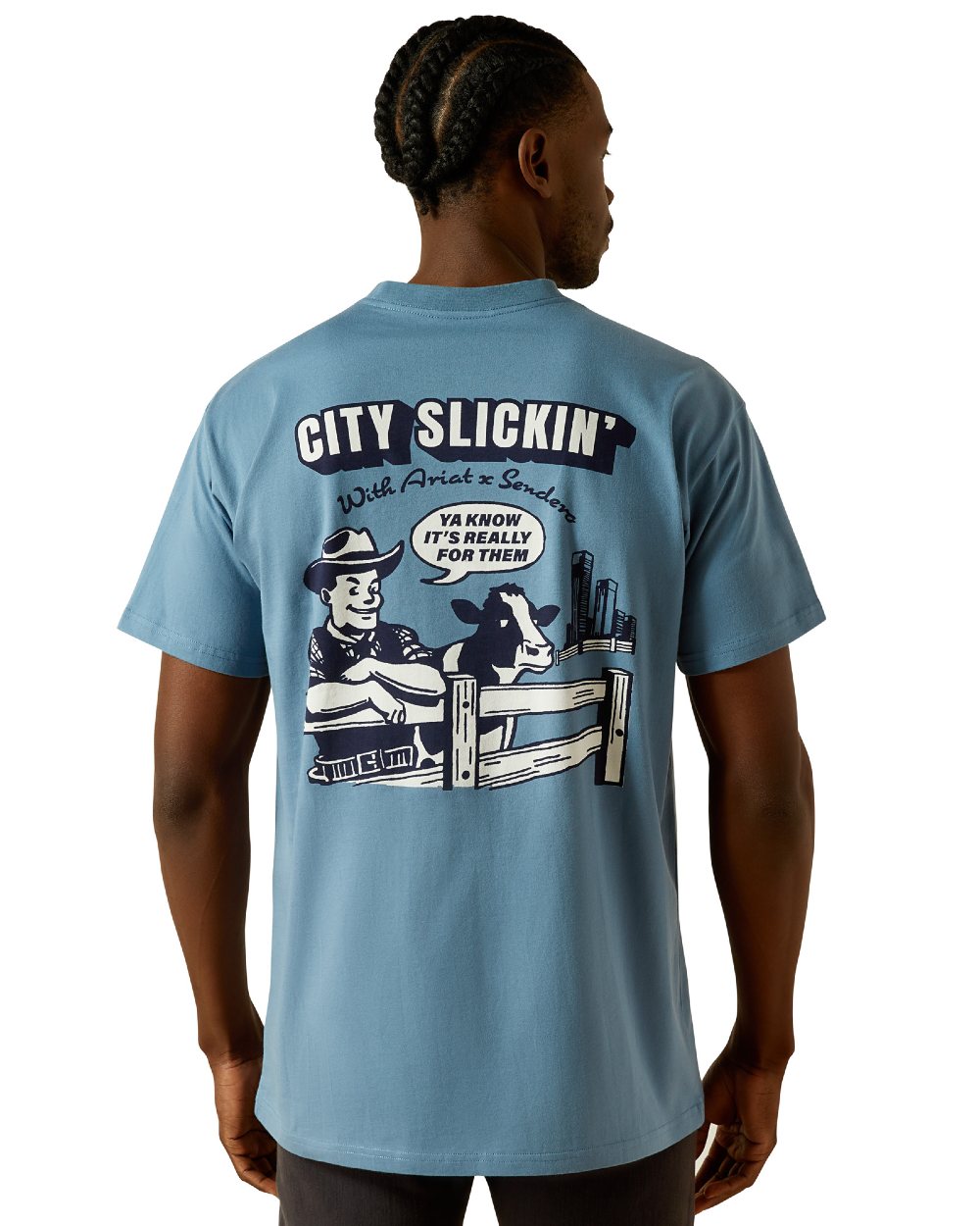 Copen Blue Coloured Ariat Mens Sendero Country Fences T-Shirt on white background