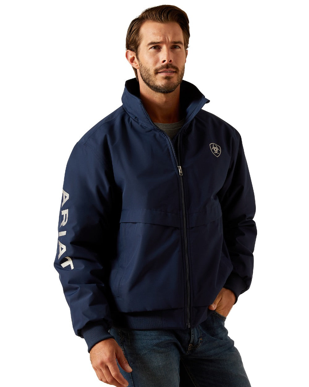 Navy Coloured Ariat Mens Stable 2.0 Insulated Jacket on white background