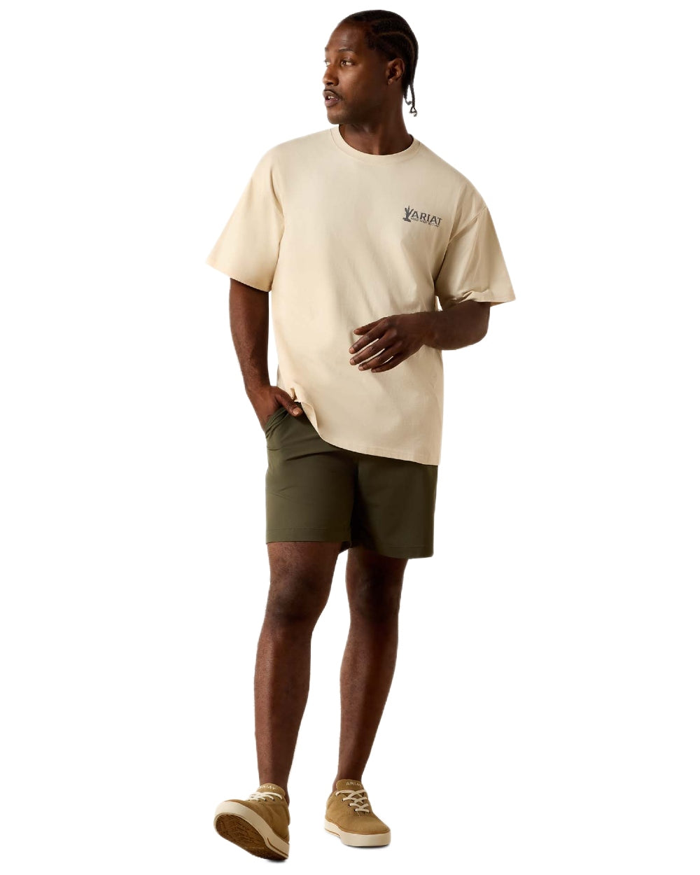 Sandshell coloured Ariat Mens The Wicked Boxy T-Shirt on white background