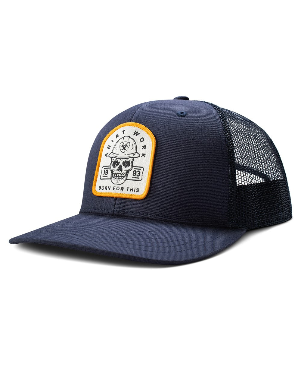 Navy coloured Ariat Mens Work Roughneck Patch Snapback Cap on white background