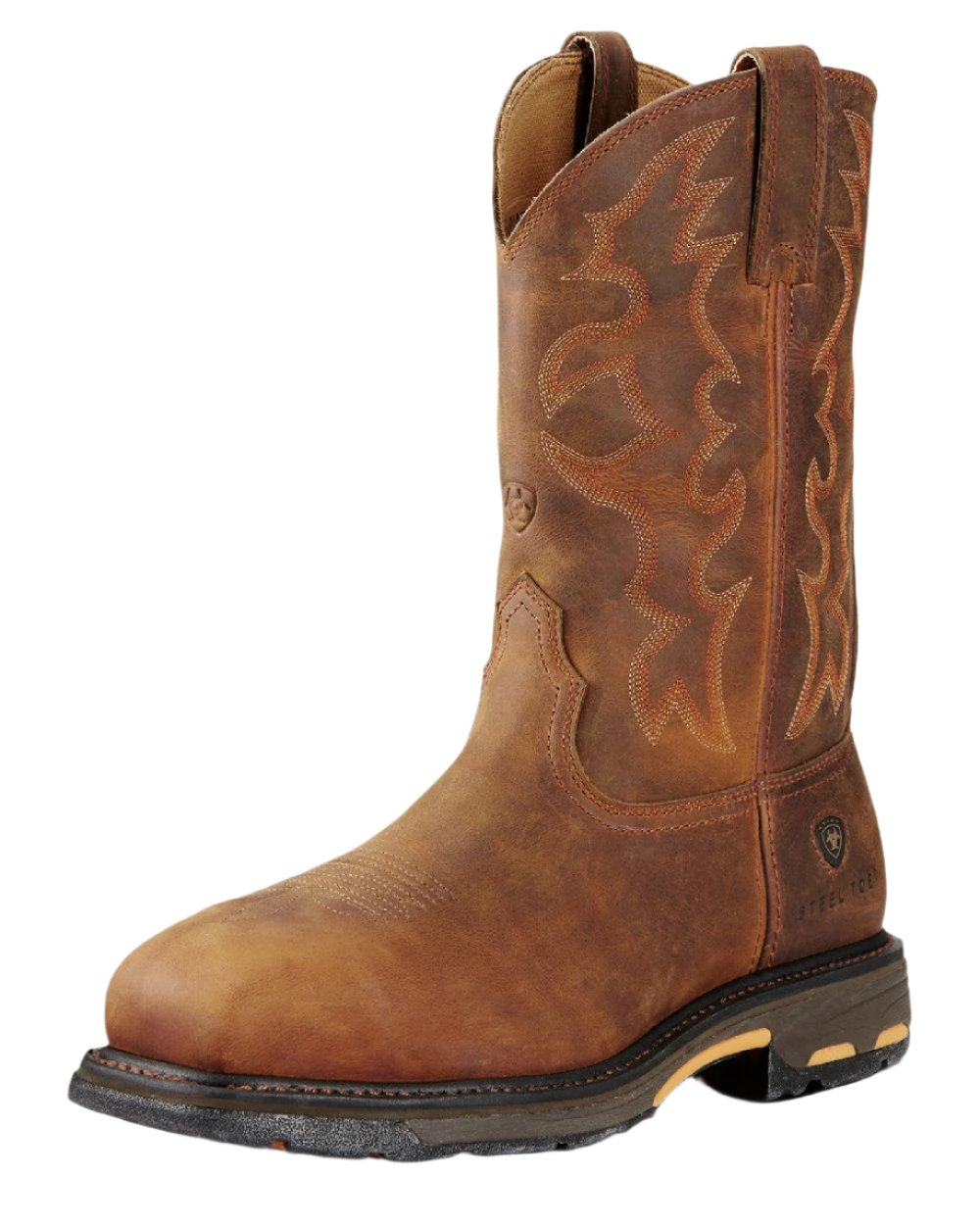 Toast coloured Ariat Mens WorkHog Wide Square Toe Steel Toe Work Boots on white background