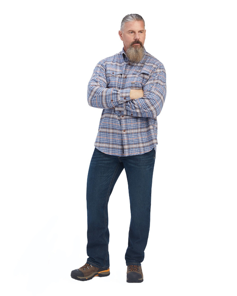 Alloy Grey coloured Ariat Rebar Flannel Durastretch Work Shirt on white background