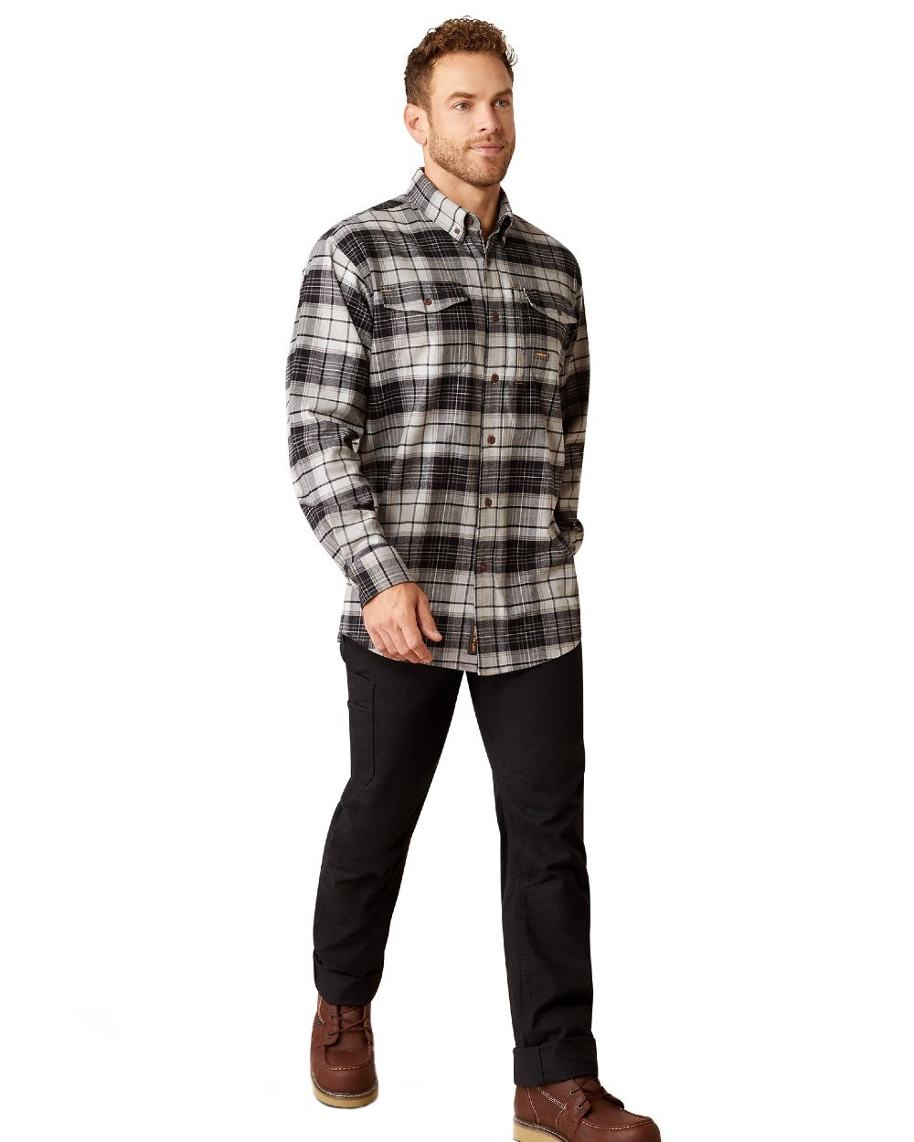 Charcoal Grey coloured Ariat Rebar Flannel Durastretch Work Shirt on white background