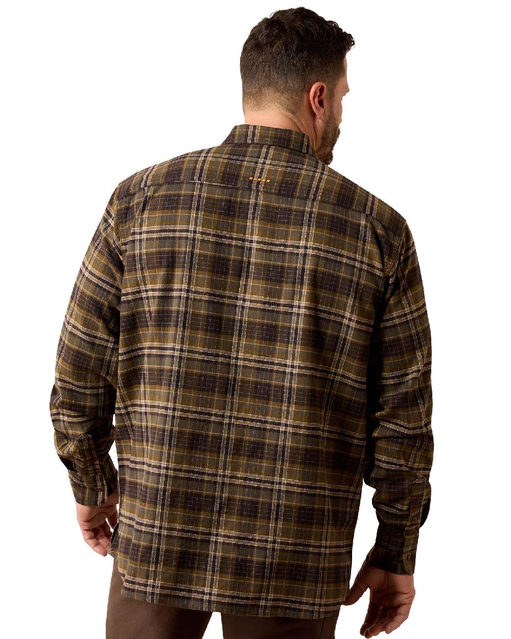 Earth coloured Ariat Mens Rebar Flannel Durastretch Long Sleeves Work Shirt on white background