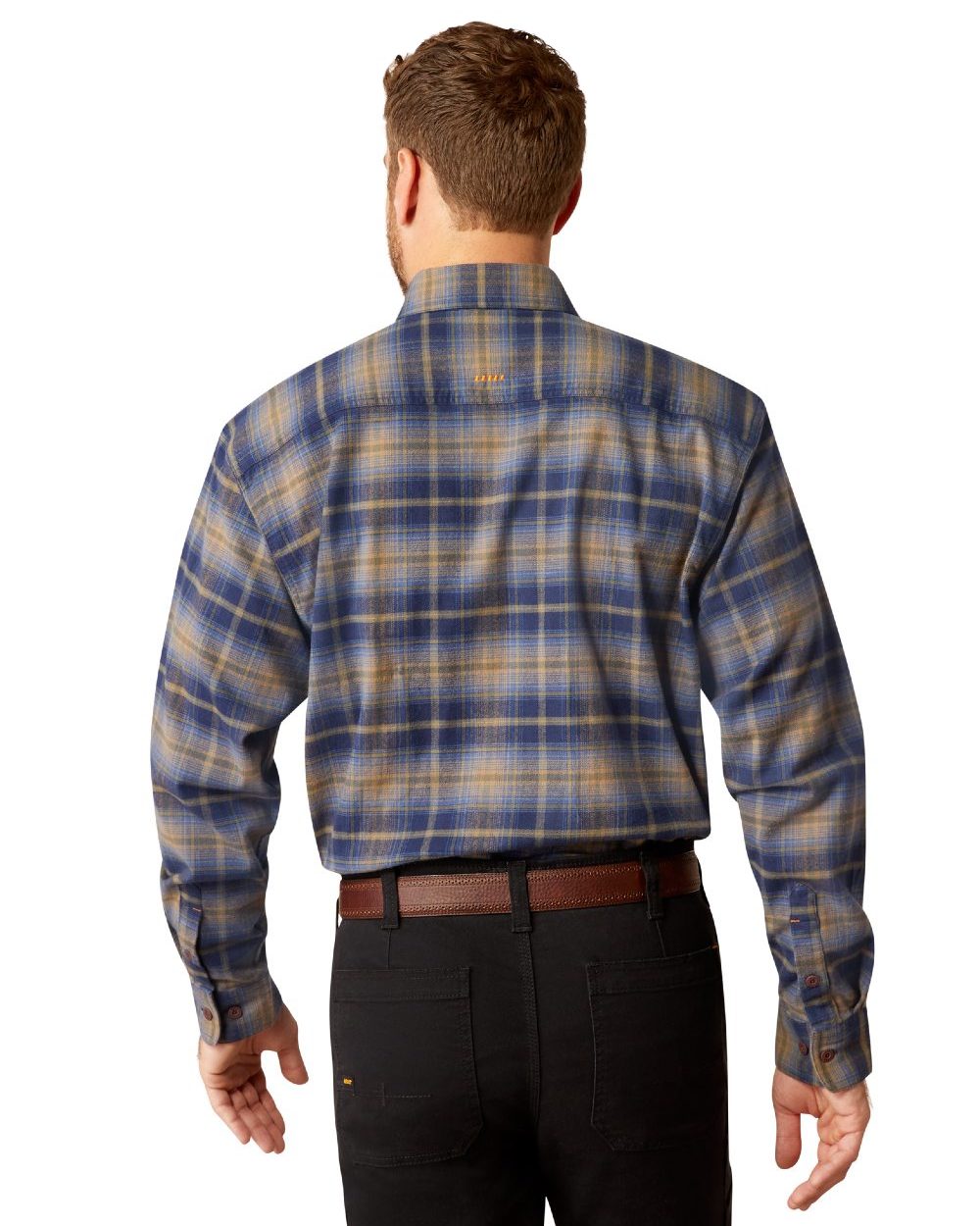 Navy Khaki coloured Ariat Rebar Flannel Durastretch Work Shirt on white background