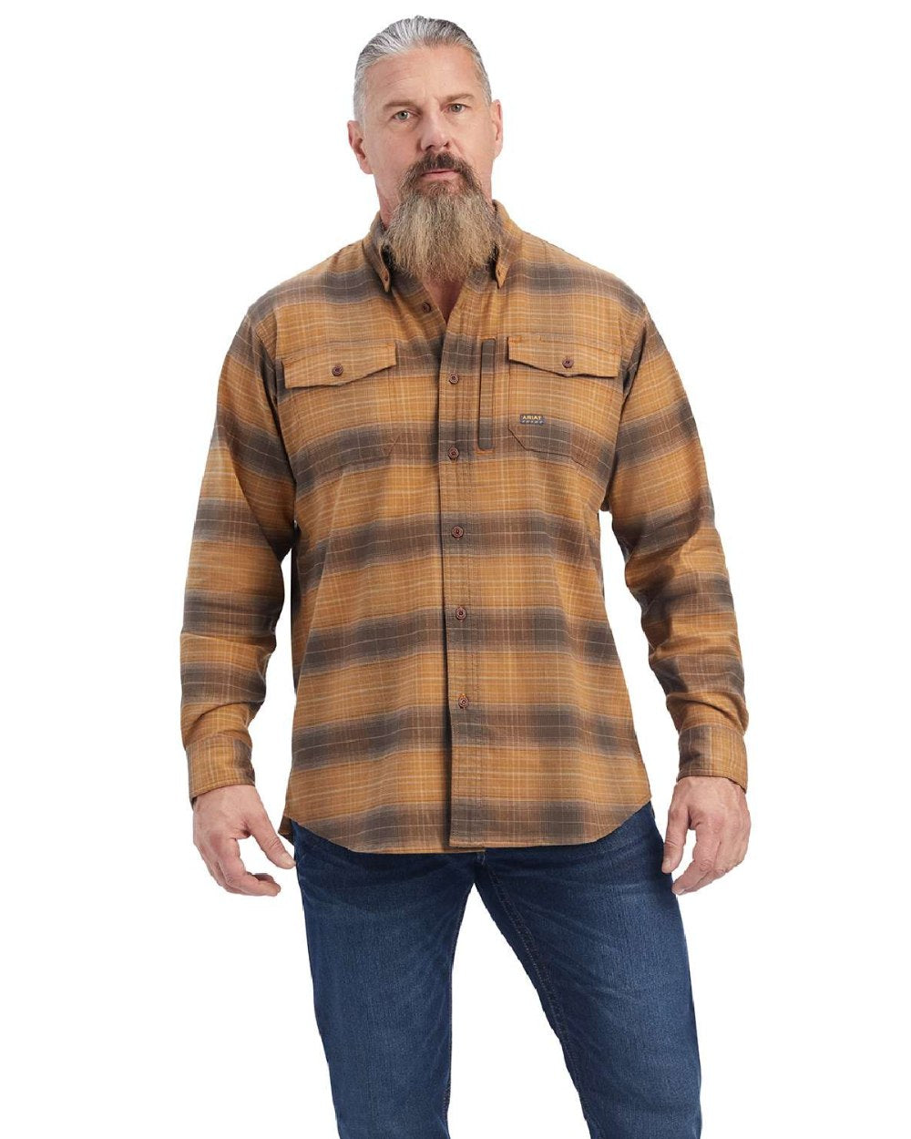 Sand coloured Ariat Rebar Flannel Durastretch Work Shirt on white background