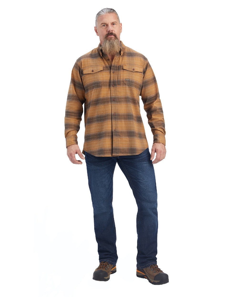 Sand coloured Ariat Rebar Flannel Durastretch Work Shirt on white background
