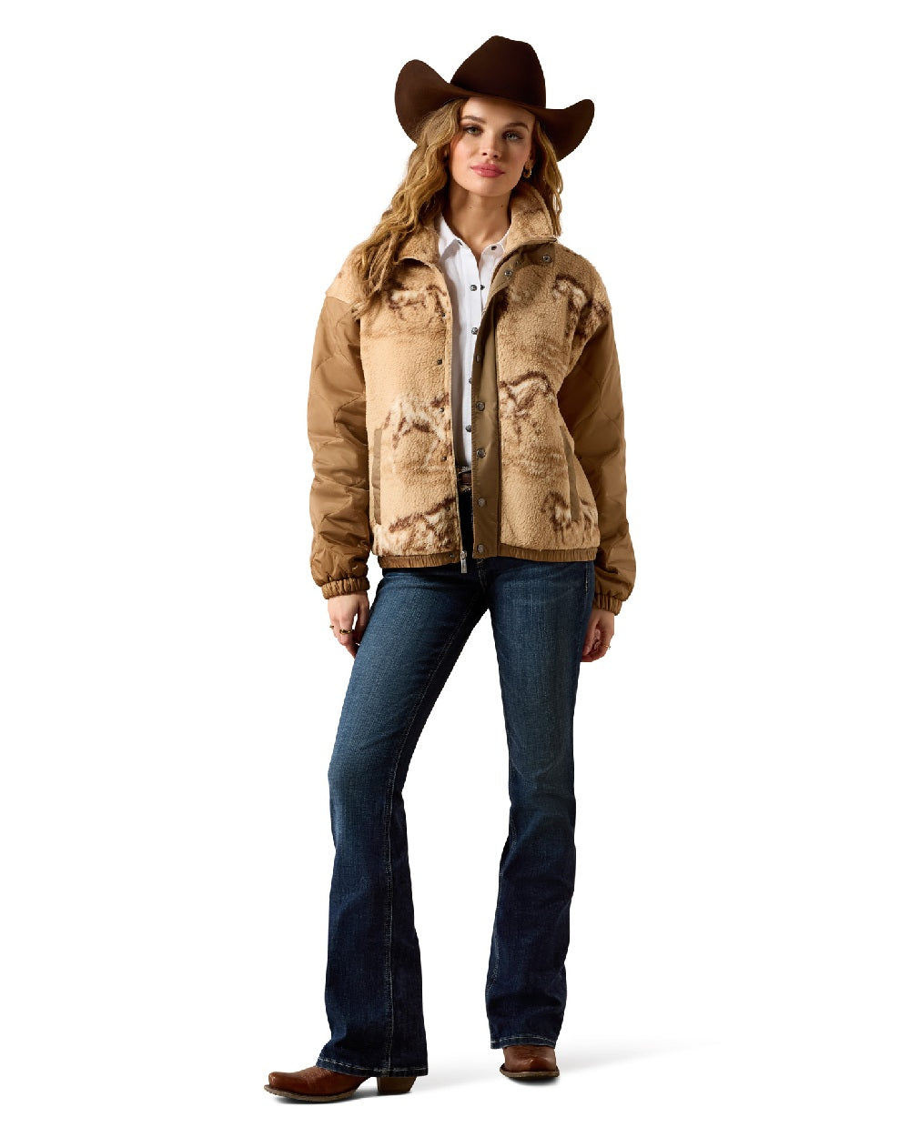 Wild Horses Print Tigers Eye coloured Ariat Womens Sherpa Blocked Jacket on white background